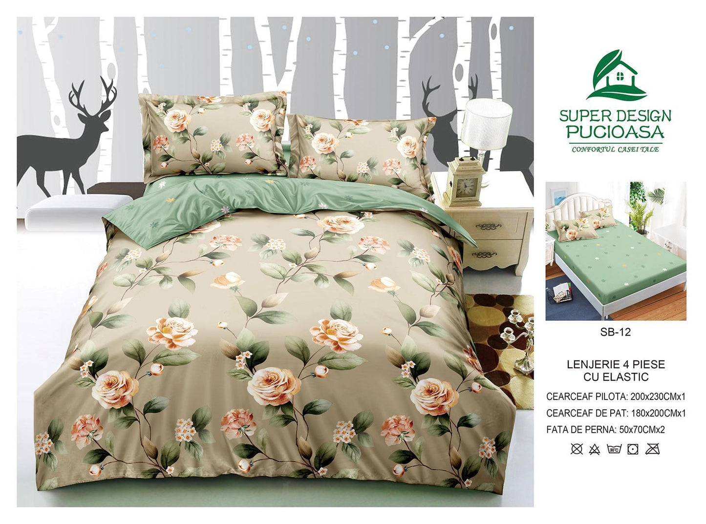 Lenjerie Pat Dublu cu Elastic din Bumbac Satinat Superior cu 4 Piese, Flori-V8745