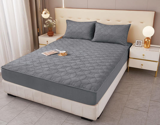 Husa matlasata tip topper din catifea cu 2 fete de perna 50x70cm, 160x200cm, Gri Inchis-Y10705