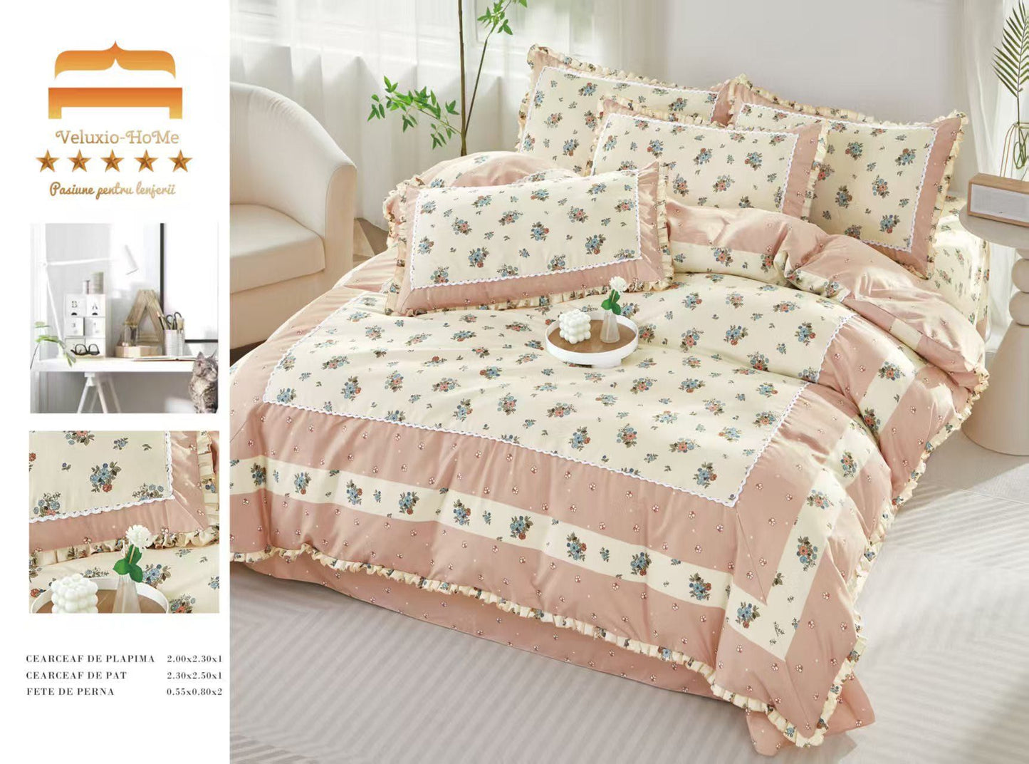 Lenjerie Bumbac Finet Premium 4 Piese cu Volanase, Floricele-M9573