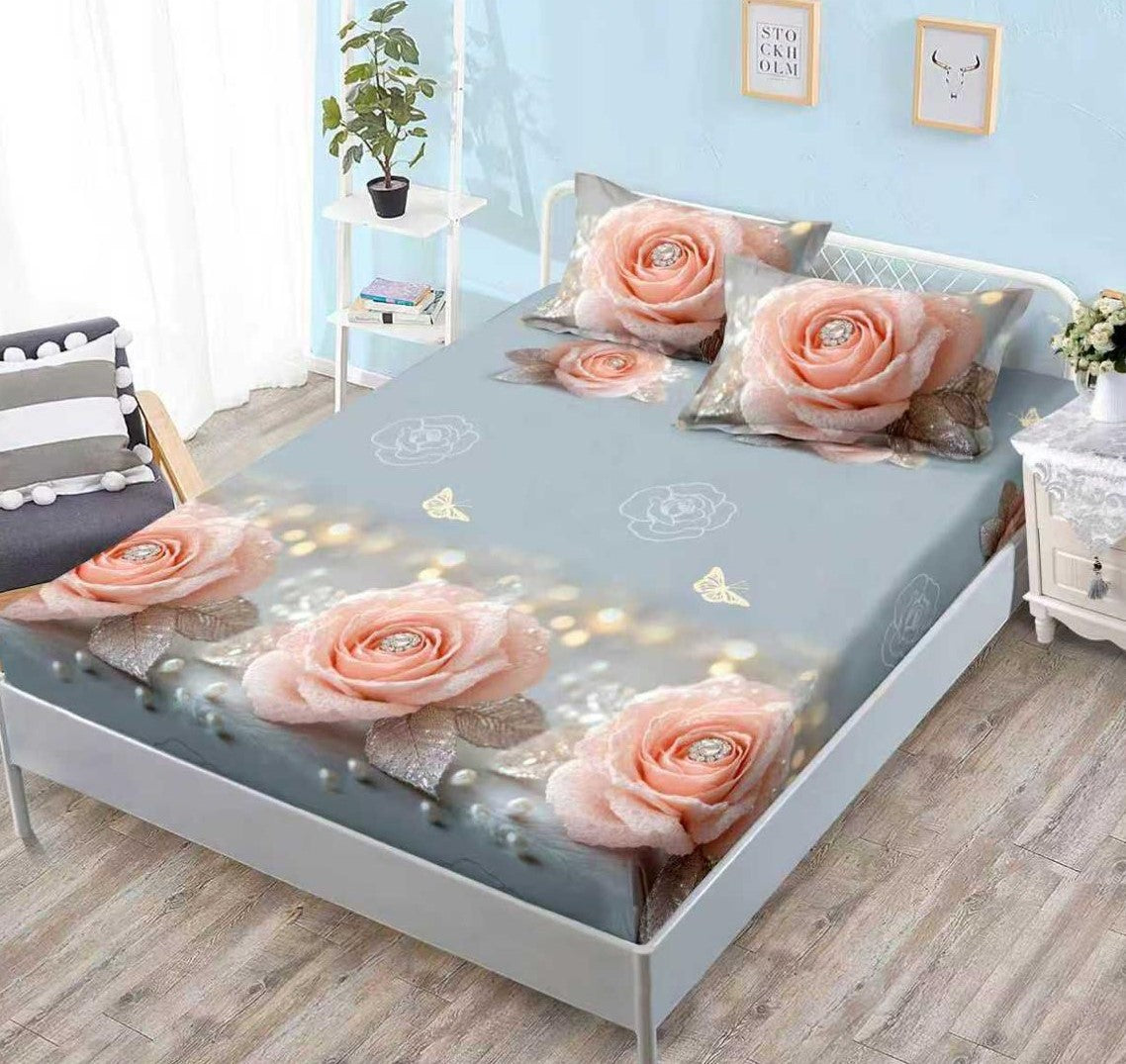 Husa de Pat cu Elastic, din Finet, 160x200cm+2 Fete de Perna, Flori-V10757