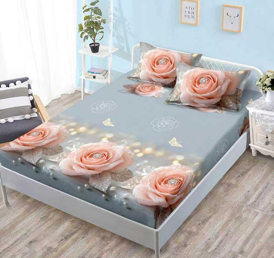 Husa de Pat cu Elastic, din Finet, 160x200cm+2 Fete de Perna, Flori-V10757