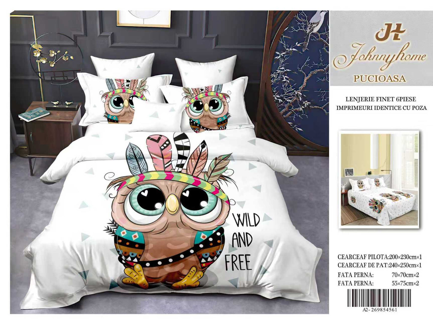Lenjerie 5D Finet 6 Piese, Imprimeu Identic cu Poza, Bufnita-H9637