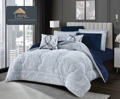 Lenjerie Pat cu Pilota Inclusa, Model Cocolino Plusat Pe Fata si Catifea pe Spate, Cearceaf de Pat Cu Elastic, 6 Piese-C9909