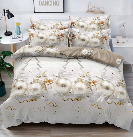 Lenjerie Pat Dublu din Finet, 6 Piese, cu Elastic, Imprimeu Craciun-C10032