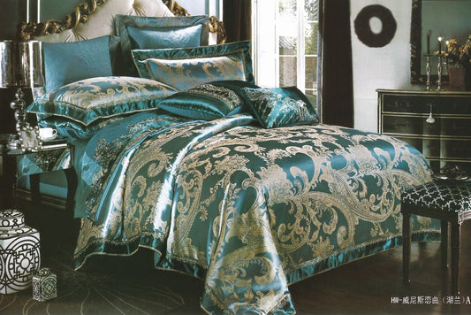 Lenjerie de pat Jacquard Premium De Lux, 6 Piese, Verde Petrol/Model Regal-R10363