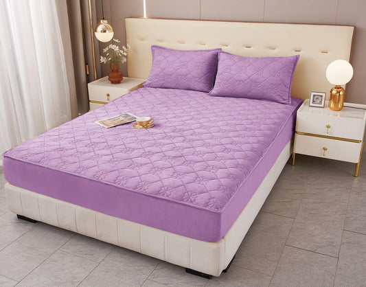 Husa matlasata tip topper din catifea, 180x200cm+2 fete de perna 50x70cm, Lila-M9732