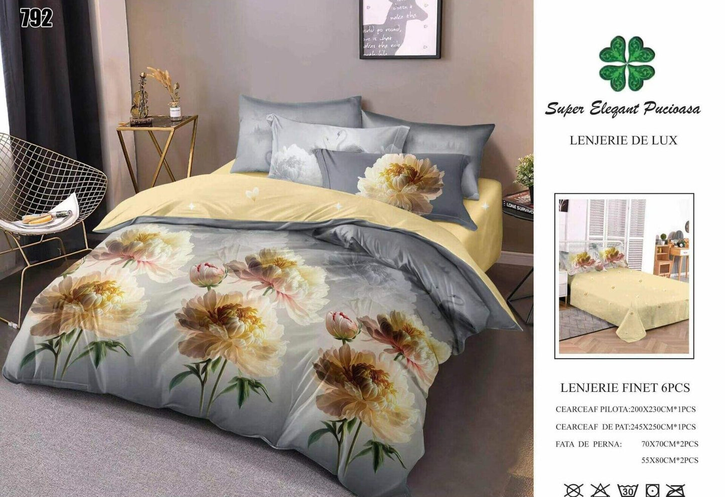Lenjerie Pat Dublu din Finet, 6 Piese, Gri/Flori-SEP9086