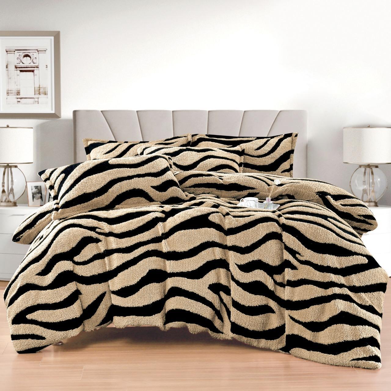 Lenjerie Pat Dublu Super Pufoasă, Cocolino Sherpa, 4 Piese, cu Elastic, Bej/Zebra Print-F9749