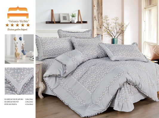 Lenjerie Bumbac Finet Premium 4 Piese cu Volanase, Gri/Floricele-M9577