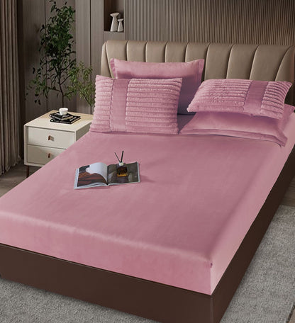 Lenjerie Pat cu Pilota Inclusa, Blanita Iepure Artificiala, Cearceaf de Pat Cu Elastic, 6 Piese, Roz-C9806