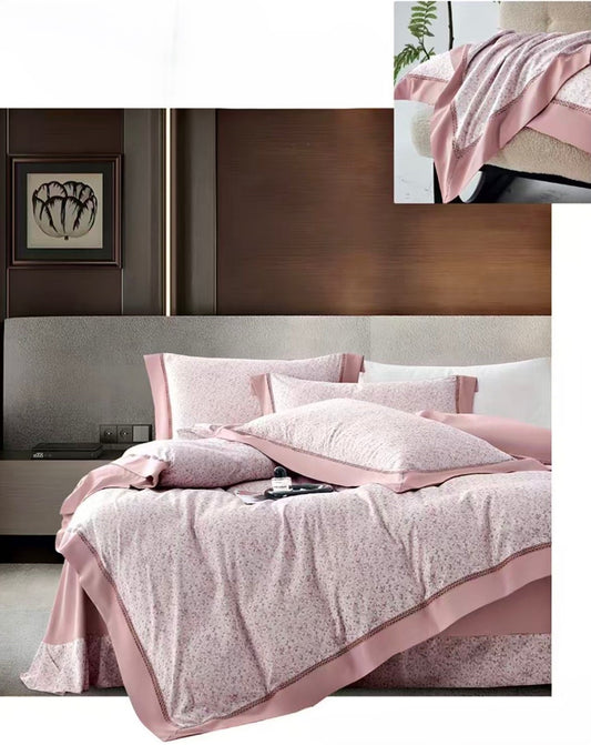 Lenjerie Luxury din Bumbac Satinat Premium, 4 Piese, Roz/Floricele-CF10800