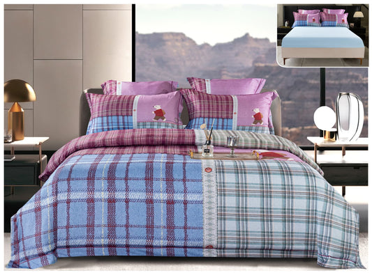 Lenjerie Premium Luxury, Pat Dublu, Satin Gros, 6 Piese cu Elastic, Patchwork Carouri-A8215