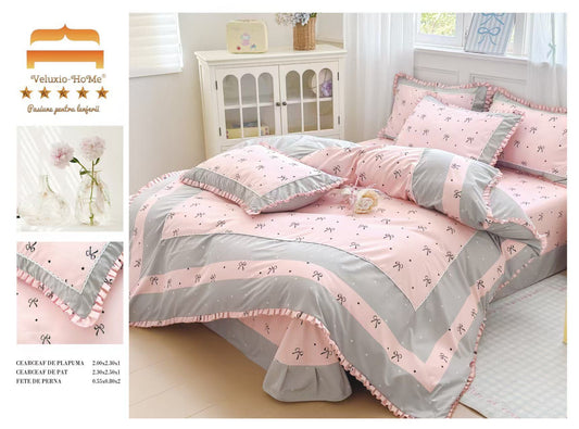 Lenjerie Bumbac Finet Premium 4 Piese cu Volanase, Roz/Gri/Fundite-M9560