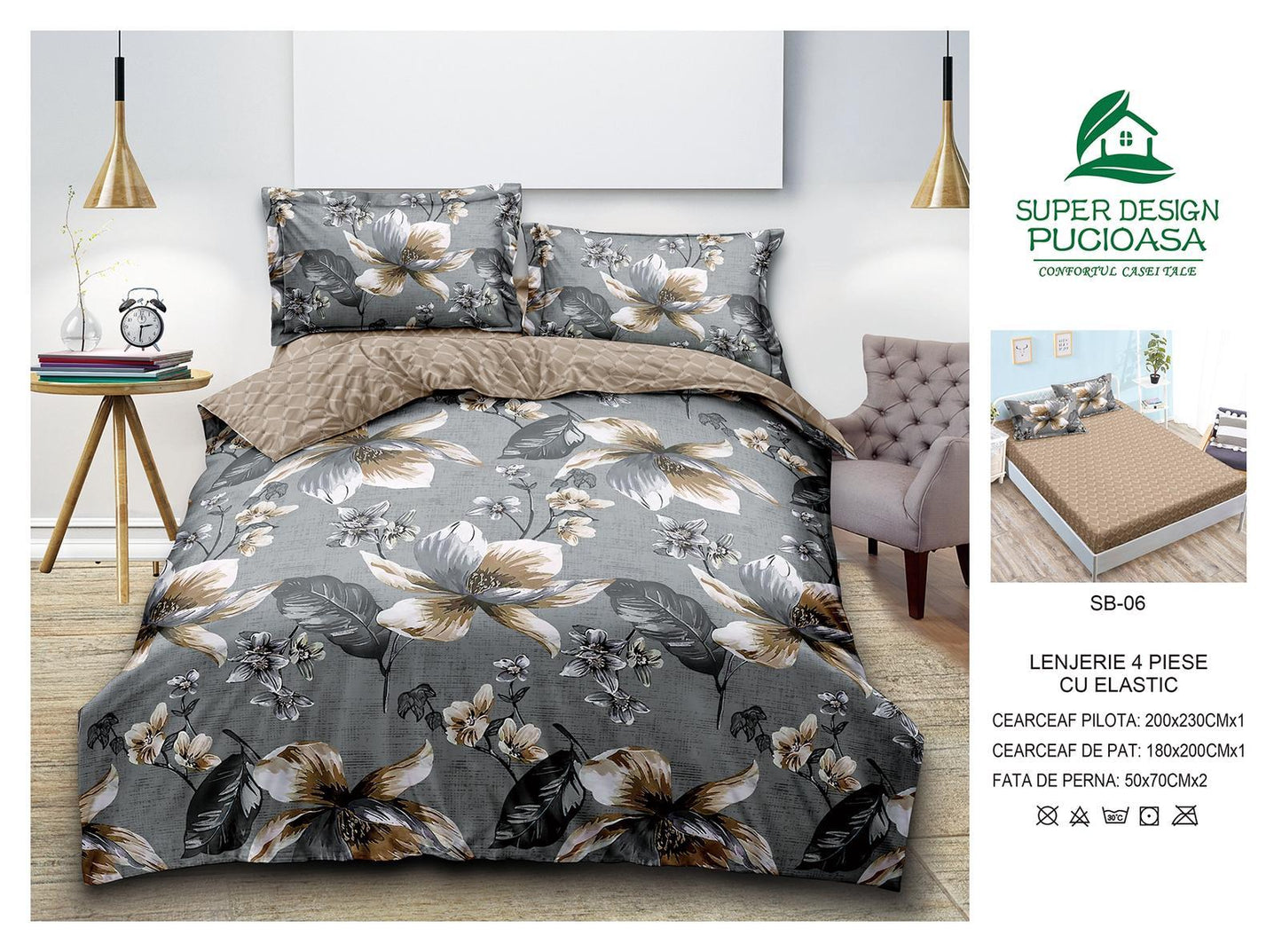 Lenjerie Pat Dublu cu Elastic din Bumbac Satinat Superior cu 4 Piese, Flori-V8757