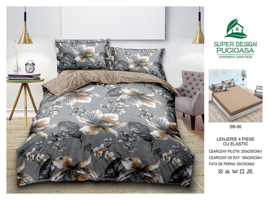 Lenjerie Pat Dublu cu Elastic din Bumbac Satinat Superior cu 4 Piese, Flori-V8757