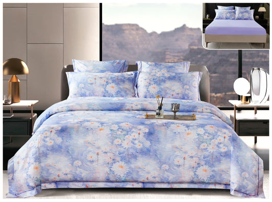 Lenjerie Pat Dublu din Satin de Lux, 6 Piese, cu Elastic, Bleu/Floral-P8214