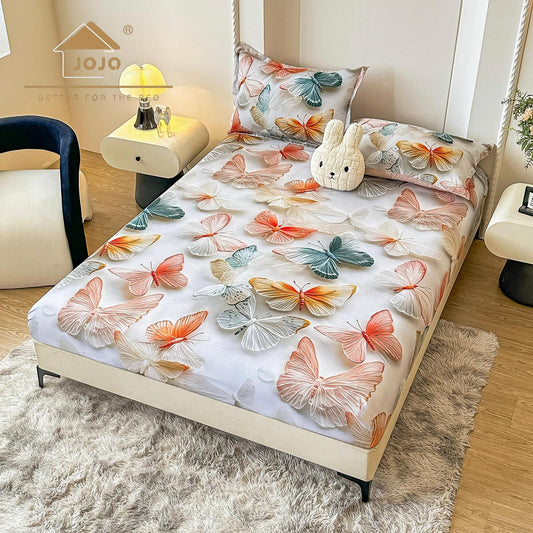 Husa de Pat cu Elastic, din Finet, 160x200cm+2 Fete de Perna, Imprimeu Digital, Fluturi-C10155
