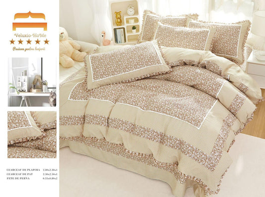 Lenjerie Bumbac Finet Premium 4 Piese cu Volanase, Floricele-M9564