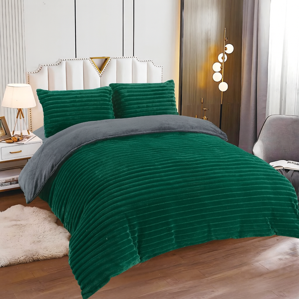 Lenjerie Cocolino Pufoasa, Model Dungat, 4 Piese, Cearceaf pat cu Elastic, Verde/Gri-L10082