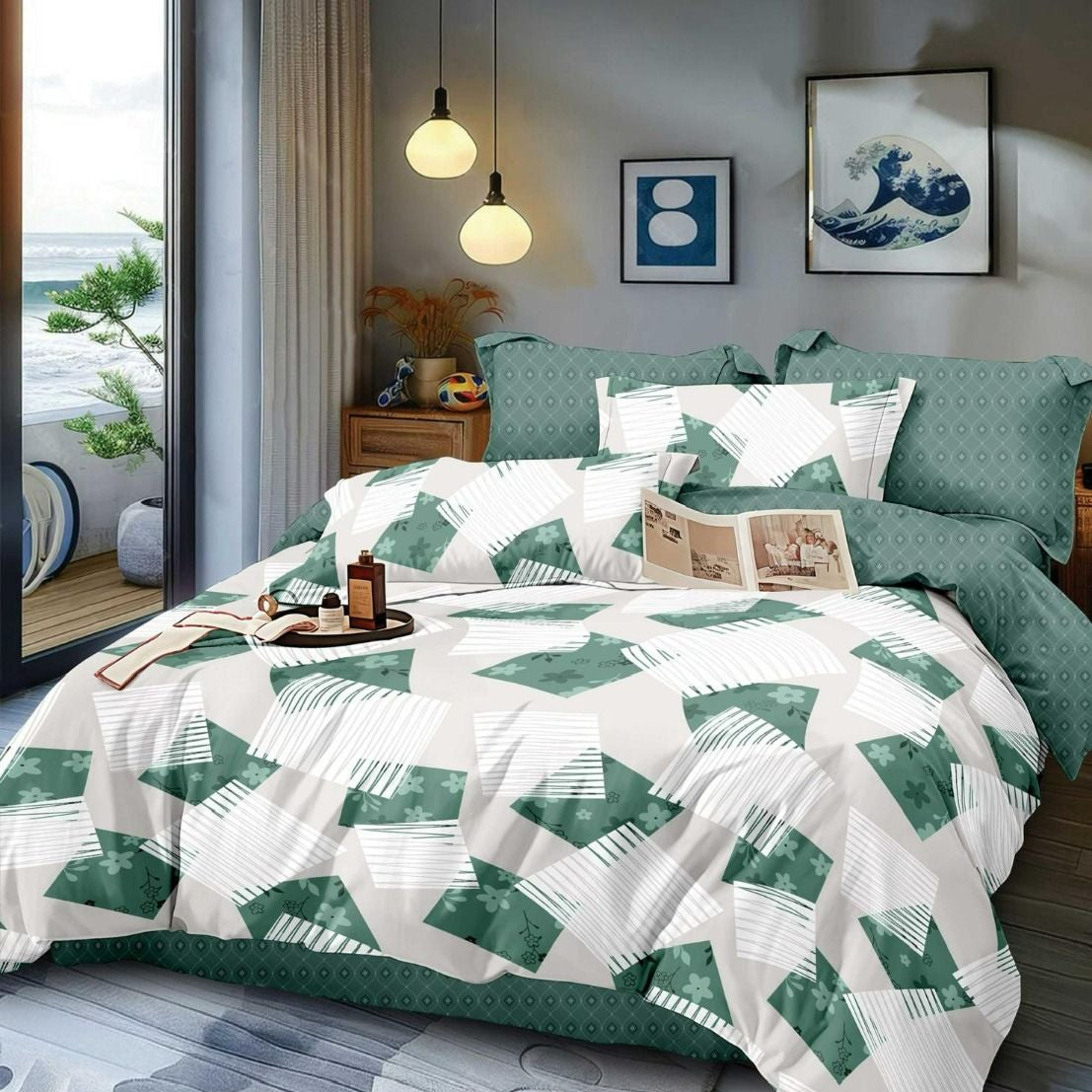 Lenjerie Pat Dublu din Finet, 6 Piese, Verde/Alb-D9884