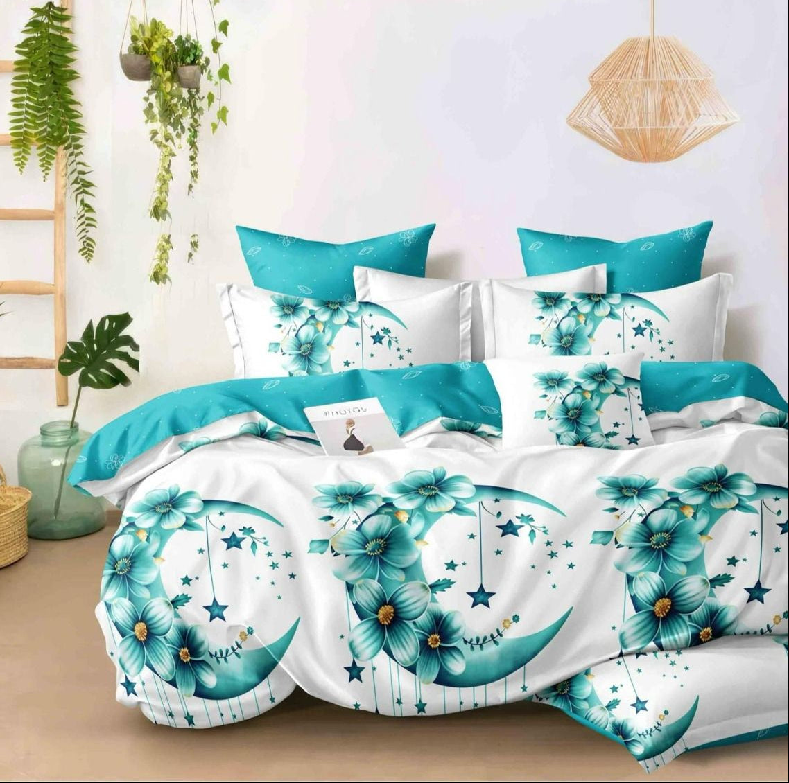 Lenjerie Pat Dublu din Finet, 6 Piese, Luna/Flori-D9890