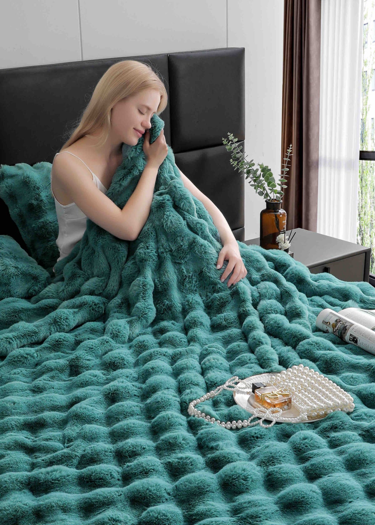 Lenjerie Luxury ExtraPufoasa, din Blanita Artificiala Tip Iepure, 6 piese, Turcoaz