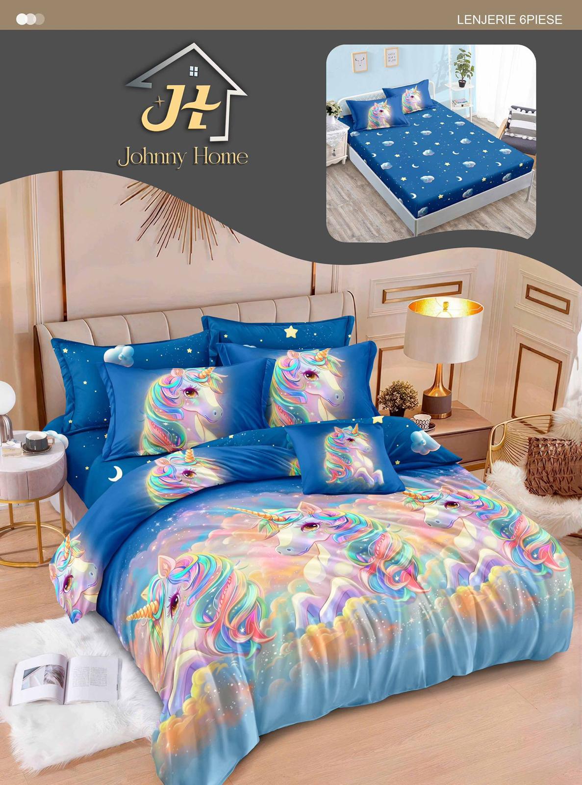Lenjerie Pat Dublu din Finet, 6 Piese, cu Elastic, Unicorni-H10996