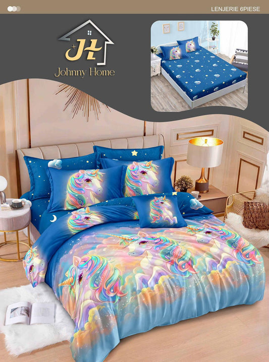 Lenjerie Pat Dublu din Finet, 6 Piese, cu Elastic, Unicorni-H10996