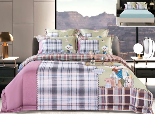 Lenjerie Premium Luxury, Pat Dublu, Satin Gros, 6 Piese cu Elastic, Carouri-A10055