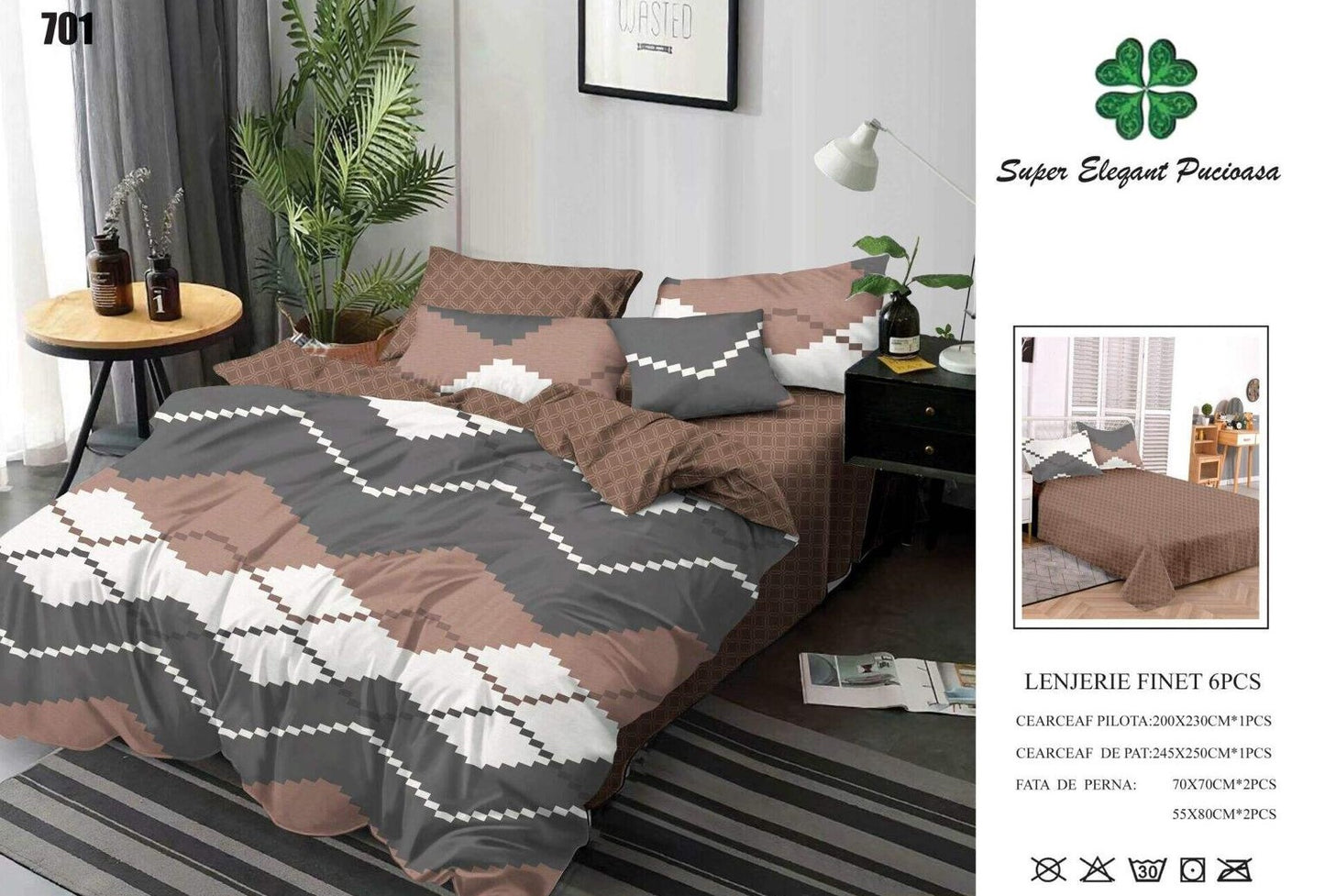 Lenjerie Pat Dublu din Finet, 6 Piese, Gri/Maro-SEP9078