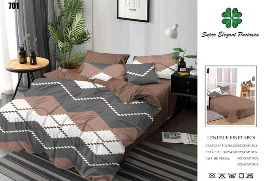 Lenjerie Pat Dublu din Finet, 6 Piese, Gri/Maro-SEP9078