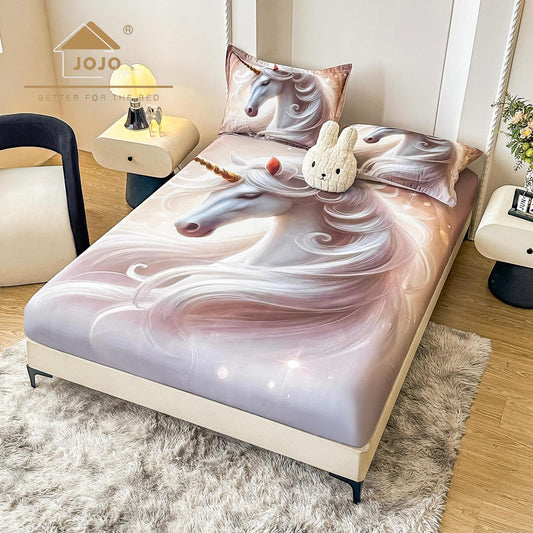 Husa de Pat cu Elastic, din Finet, 160x200cm+2 Fete de Perna, Imprimeu Digital, Unicorn-C10169