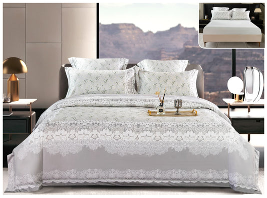 Lenjerie Premium Luxury, Pat Dublu, Satin Gros, 6 Piese cu Elastic, Floral Ivory-A10273