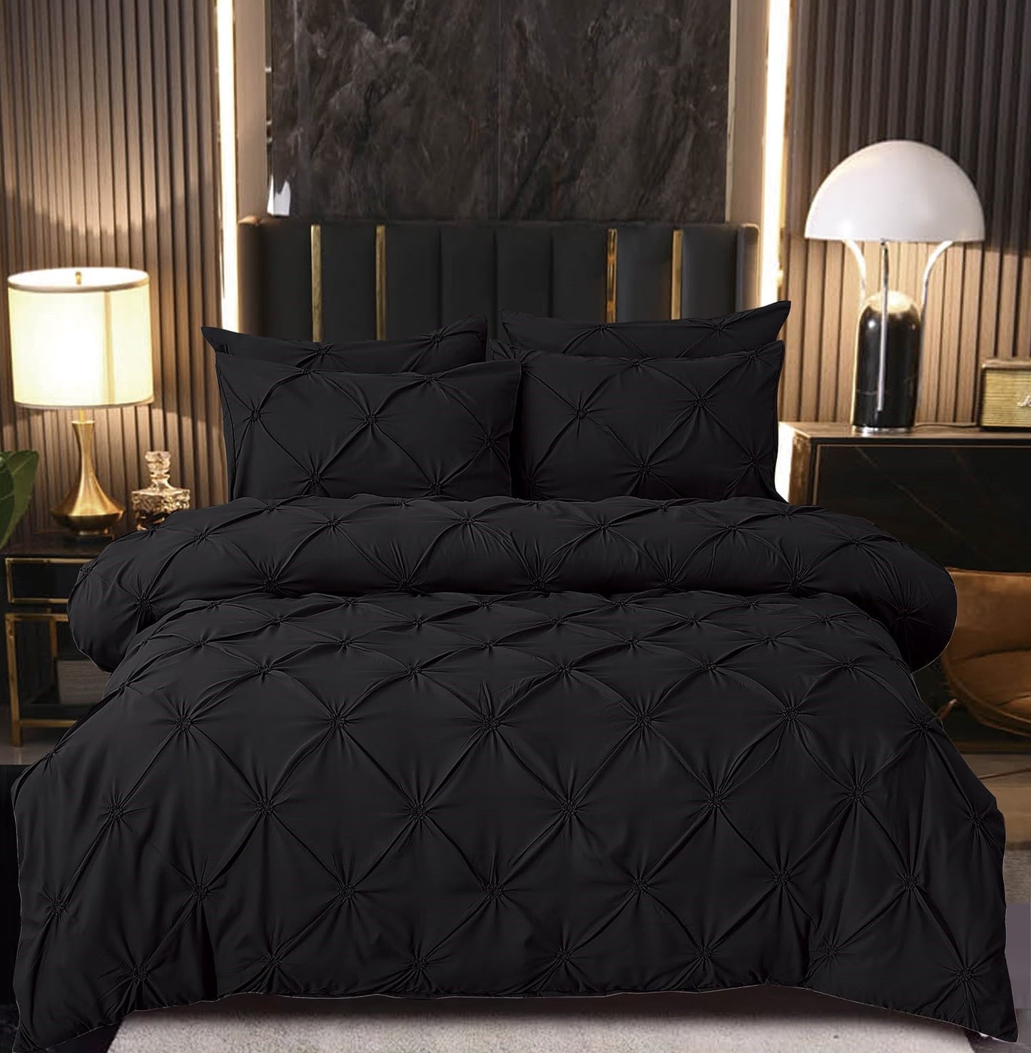 Lenjerie Bumbac Premium 6 Piese cu Pliuri Brodate, Negru-M4737