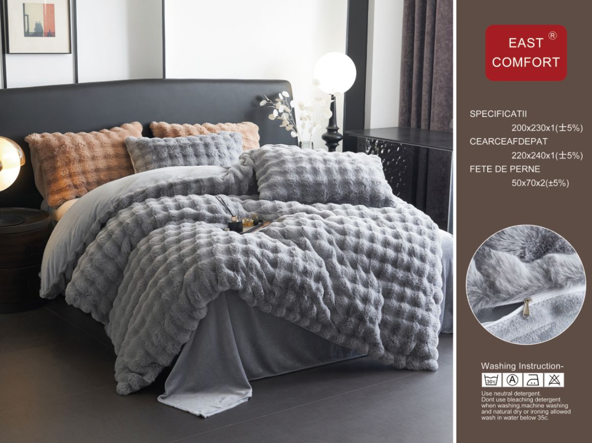 Lenjerie Luxury, Pufoasa, din Blanita artificiala Tip Iepure, 4 piese, Gri Deschis-D8905