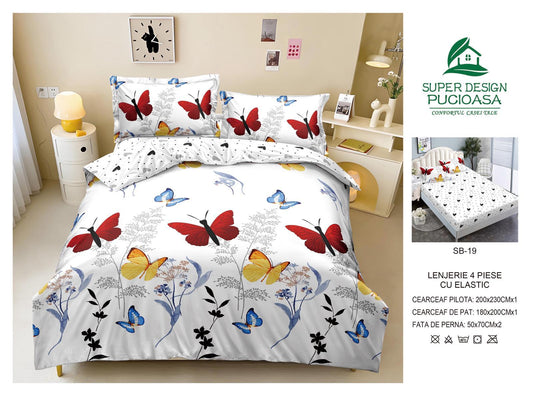 Lenjerie Pat Dublu cu Elastic din Bumbac Satinat Superior cu 4 Piese, Fluturasi-V8749