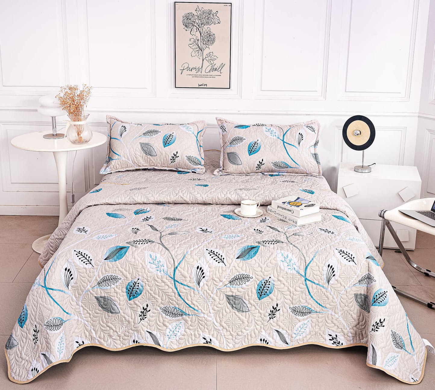 Cuvertura De Pat 3 Piese, din Bumbac Satinat, Frunze-A9833