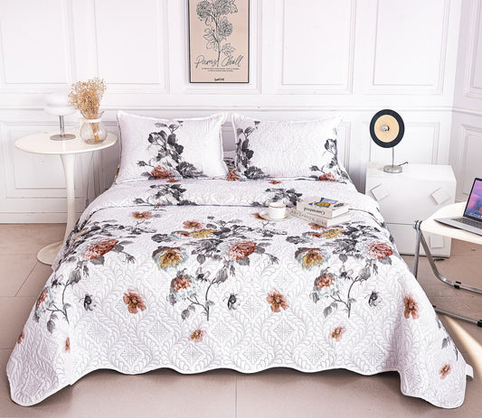 Cuvertura De Pat 3 Piese, din Bumbac Satinat, Floricele-A9834