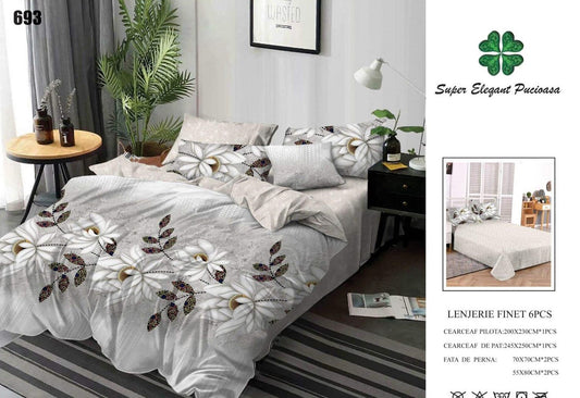 Lenjerie Pat Dublu din Finet, 6 Piese, Gri/Flori-SEP9073