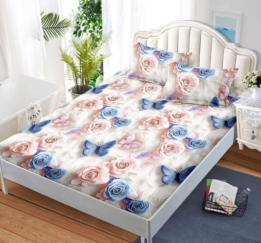 Husa de Pat cu Elastic, din Finet, 160x200cm+2 Fete de Perna, Flori/Fluturi-V10756