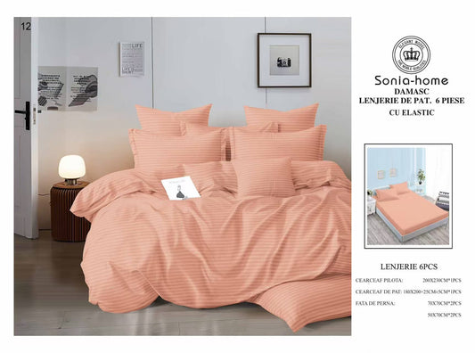 Lenjerie Bumbac Damasc 6 Piese cu Elastic, Portocaliu-S8562