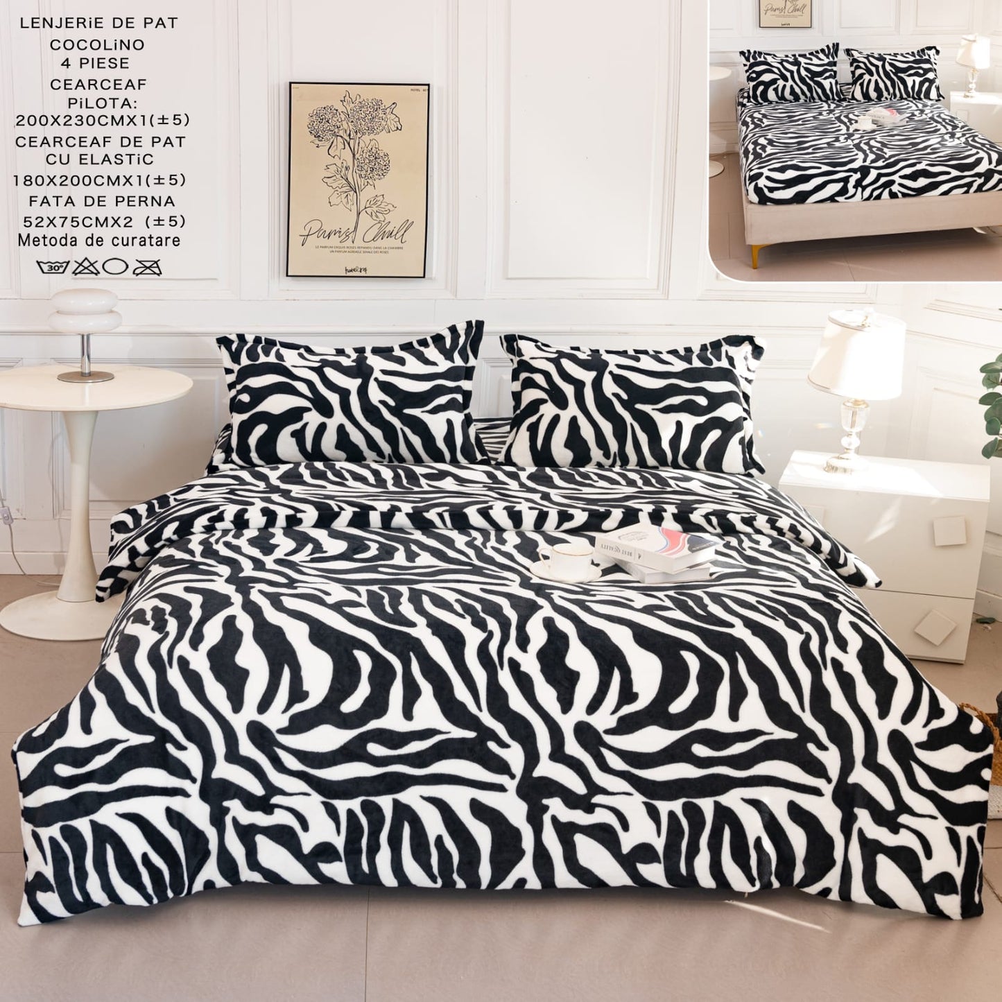 Lenjerie Cocolino 4 Piese cu Elastic, Pat Dublu, Zebra Print-A9537