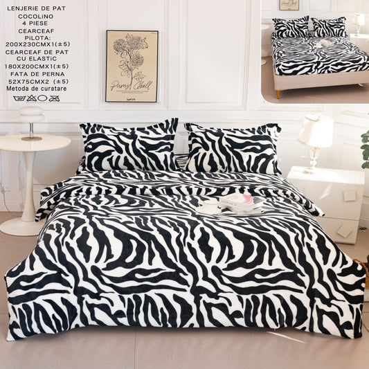 Lenjerie Cocolino 4 Piese cu Elastic, Pat Dublu, Zebra Print-A9537