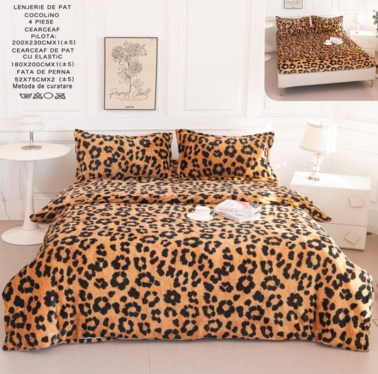 Lenjerie Cocolino 4 Piese cu Elastic, Pat Dublu, Leopard Print-A9532
