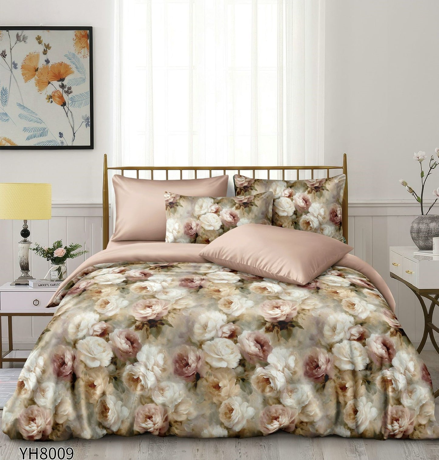 Lenjerie Pat Dublu din Satin, 4 Piese, cu Elastic, Floricele-P9931