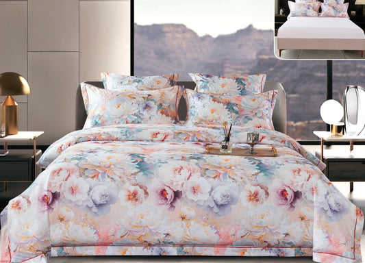 Lenjerie Premium Luxury, Pat Dublu, Satin Gros, 6 Piese cu Elastic, Floricele-A10058