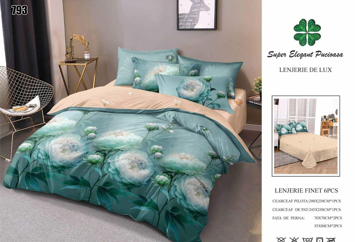 Lenjerie Pat Dublu din Finet, 6 Piese, Flori-SEP9087