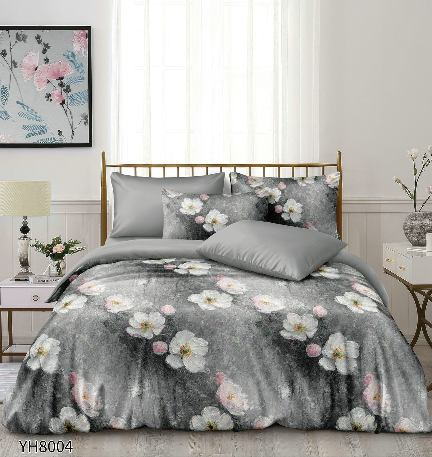 Lenjerie Pat Dublu din Satin, 4 Piese, cu Elastic, Floricele-P9930