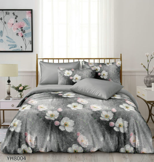 Lenjerie Pat Dublu din Satin, 4 Piese, cu Elastic, Floricele-P9930