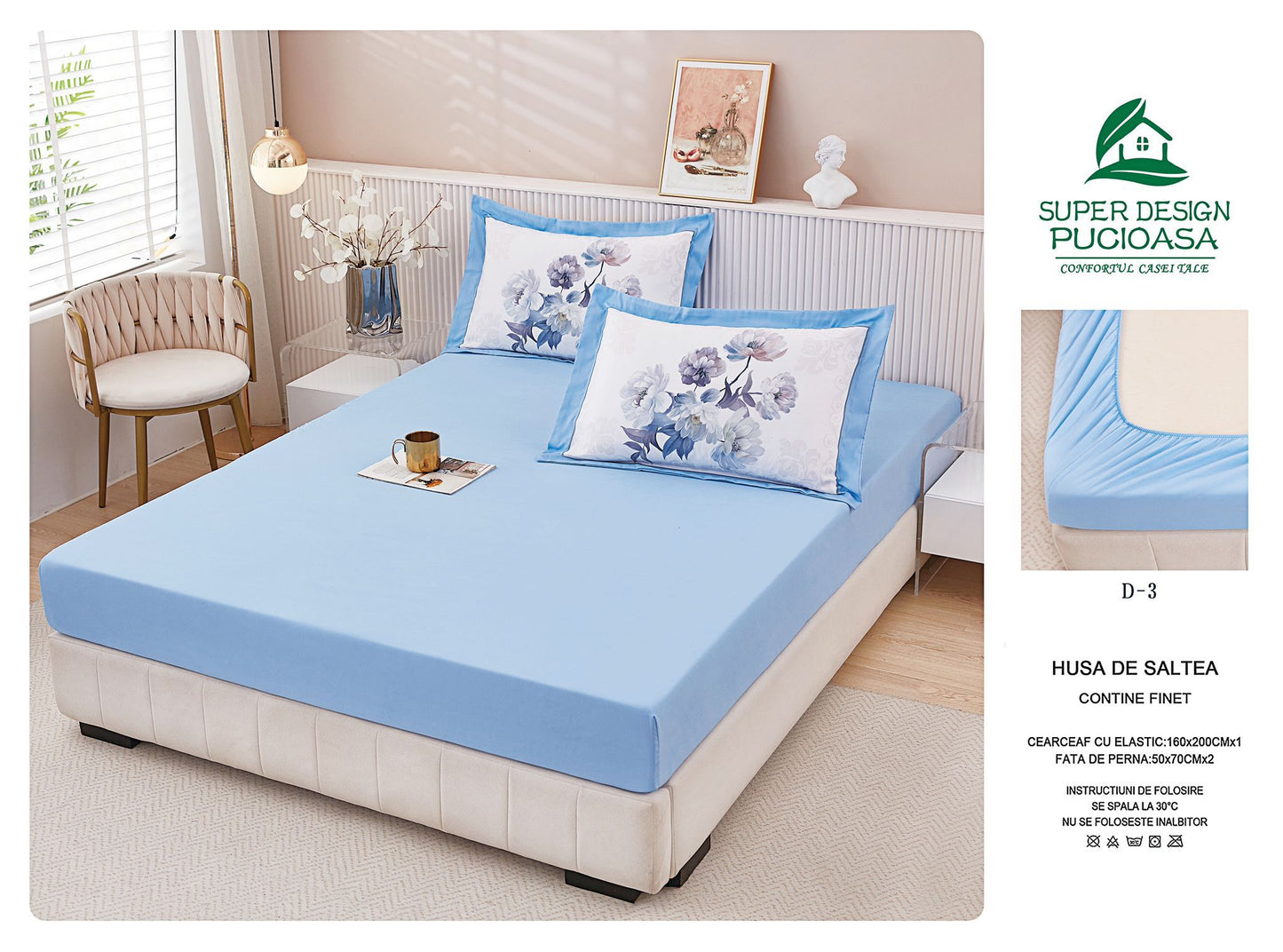 Husa de Pat cu Elastic, din Finet, 160x200cm+2 Fete de Perna, Bleu-V10456